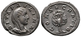 Paulina, Diva.235 AD.Rome. AR Denarius (18,4mm, 3.4g.) Obv: DIVA PAVLINA Bust draped and veiled r.
Rev: CONSECRATIO Peacock standing facing, head l.,...
