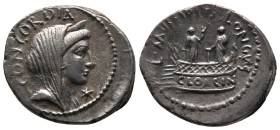 Roman Republic
L. MUSSIDIUS LONGUS. 42 BC. Rome. AR Denarius (17,6mm, 3,56g.)
Obv: CONCORDIA.
Diademed and veiled head of Concordia right; crescent...