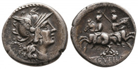 Roman Republic
C. Servilius M.f. 136 BC.Rome. AR Denarius. (18,7mm, 4.0 g.). Obv: ROMA, head of Roma right, wearing winged helmet decorated with griff...