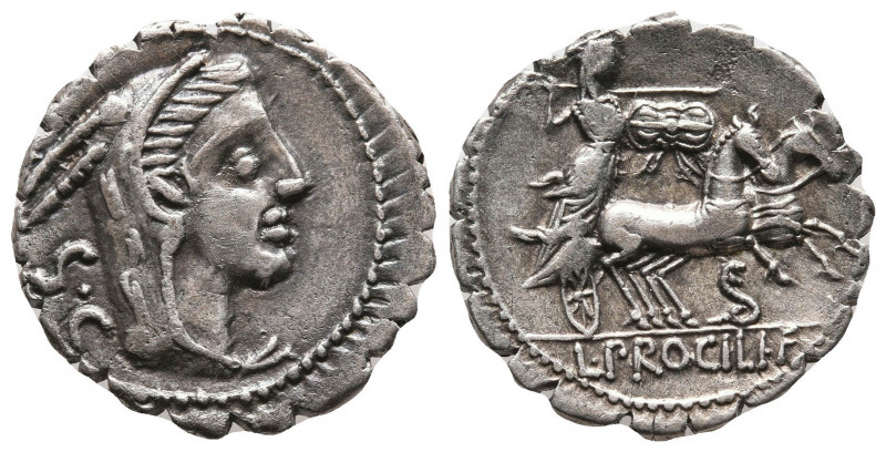 Roman Republic 
L. Procilius. 80 BC. Serrate AR Denarius (18,6mm, 3.62). Obv: He...