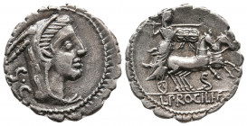 Roman Republic 
L. Procilius. 80 BC. Serrate AR Denarius (18,6mm, 3.62). Obv: Head of Juno Sospita right, wearing goat's skin; SC behind. Rev: Juno So...