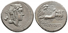 Roman Republic
L. Julius Bursio. 85 BC. Rome. AR Denarius (19,9mm, 4.0g). Obv: bust of Apollo right; behind, trident and Cista mystica. Rev: L•IVLI•BV...