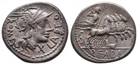 Roman Republic
Q. Fabius Labeo. 124 BC. AR Denarius (18,7mm, 3.92g). Obv: Helmeted head of Roma right, ROMA behind, X and LABEO before. Rev: Jupiter i...