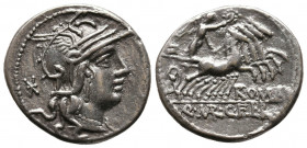 Roman Republic
Q. Marcius. 118 BC. Rome. AR Denarius (18,8mm, 3.86g) Obv: Helmeted head of Roma right, monogram behind Rev: Victory in quadriga right,...