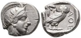 Athens, Attica. Circa 440-420 BC. AR Tetradrachm. (24,9mm, 17.18 g).
Obv: Helmeted head of Athena right.
Rev: Owl standing right, head facing, olive...