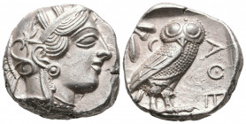 Athens, Attica. Circa 440-420 BC. AR Tetradrachm. (22,8mm, 17.21 g).
Obv: Helmeted head of Athena right.
Rev: Owl standing right, head facing, olive s...
