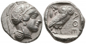 Athens, Attica. Circa 440-420 BC. AR Tetradrachm. (25,1mm, 17.0 g).
Obv: Helmeted head of Athena right.
Rev: Owl standing right, head facing, olive sp...