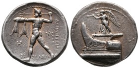 Kingdom of Macedon.
Сirca 300-295 BC. Demetrios Poliorketes. Salamis. AR Tetradrachm (28mm, 17.07g) Obv: Nike, blowing trumpet and holding stylis, st...