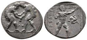 Aspendos, Pamphylia. Circa 420-370 BC. AR Stater (21,0mm, 10.97g) Obv: Two wrestlers grappling; AΣ (turned up) between. Rev: [E]ΣTΦEΔIIYΣ, slinger in ...