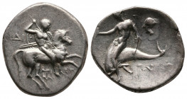 Calabria.Tarentum. Circa 272-235 BC. AR Nomos (19,1mm, 6.21g.) Obv: Naked rider on horse to r., with lance pointing downward. In field to l. ΔI, benea...