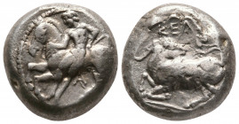 CILICIA.Kelenderis. Circa 380-370 BC. AR Stater (20,9mm, 7.8 gm). Obv: Rider seated sideways l., about to dismount from horse, A below. Rev: Goat knee...