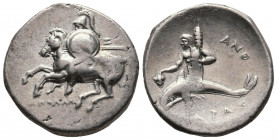 Calabria.Tarentum. Circa 281-272 BC. AR Nomos. (20,mm, 6.6g.) Obv: Helmeted warrior on horse left, holding shield and spears behind him; AΠOΛΛΩ below,...