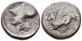 Akarnania. Anaktorium. Circa 320-280 BC. Stater AR. (22,6mm., 8,27g.)
Obv: Pegasos flying left; AN monogram below. Rev: Helmeted head of Athena left; ...
