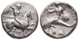 Calabria,Tarentum. Circa 334-330 BC. AR Nomos. (19,3mm., 7,77g.). 
Obv: Nude warrior, wearing helmet, on horseback right, shield on left arm, holding ...