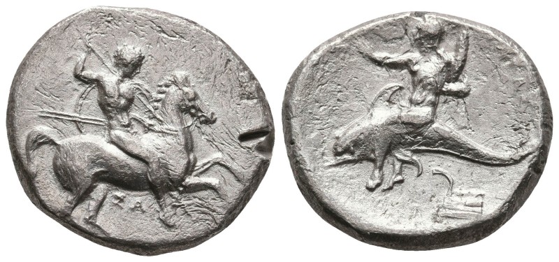 Calabria,Tarentum. Circa 302-280 BC. AR Nomos.(21,8mm, 7,43g.),
Obv: Naked hors...