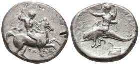 Calabria,Tarentum. Circa 302-280 BC. AR Nomos.(21,8mm, 7,43g.),
Obv: Naked horseman mounted right, holding shield, two lances and a spear; ΣA below. ...