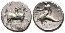 Calabria,Tarentum. Circa 280-272 BC. AR Nomos. (21,2 mm, 7.97 g.). Obv:Youth, nude, on horseback right, crowning horse with wreath; behind, ΣΑ; in two...