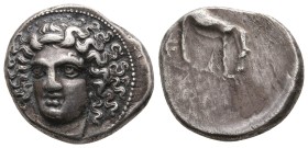 Thessaly, Larissa. Circa 400-380 BC. AR Drachm.(18,7mm, 5,88g.). Obv: Head of nymph Larissa three-quarters r., wearing ampyx, pendant earring, and nec...