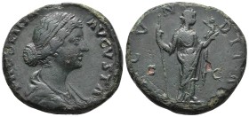 FAUSTINA JUNIOR, wife of Marcus Aurelius. Augusta. AD 147-175/6. Æ Sestertius (29,3mm, 18,17g). Struck 161-164 AD.
Obv: Draped bust right, pearls in ...