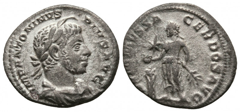 ELAGABALUS. (AD 218-222). Rome Mint. AR Denarius (6,4mm, 3.0 g.). 
Obv: Draped b...