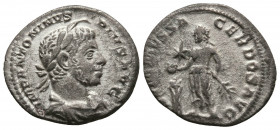 ELAGABALUS. (AD 218-222). Rome Mint. AR Denarius (6,4mm, 3.0 g.). 
Obv: Draped bust of Elagabalus facing right; Rev: Elagabalus standing facing left, ...