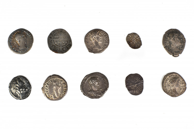 Collection of 6 Roman Denarii, 3 Medievel coins and 1 Greek coin, Set of 10: 10-...