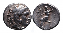 Seleukid Empire, Seleukos I Nikator 312-281 BC, uncertain mint, ca. 282-281 BC.
Head of Herakles wearing lion's scalp right
Zeus seated right, holding...