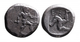 Pamphilia, Aspendos, ca. 460-430 BC
Hoplite with spear and shield advancing right;
Triskeles with human legs within incuse square, E_.
SNG COP 153-155...