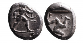 Pamphilia, Aspendos, ca. 460-430 BC
Hoplite with spear and shield advancing right;
Triskeles with human legs within incuse square, E_.
SNG COP 153-155...