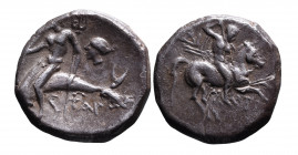 Calabria, Tarentum, Magistrate Aristokles, ca. 272-235 BC.
Nude warrior with spear, shield and two javelins riding horseback right, behind _I, below h...