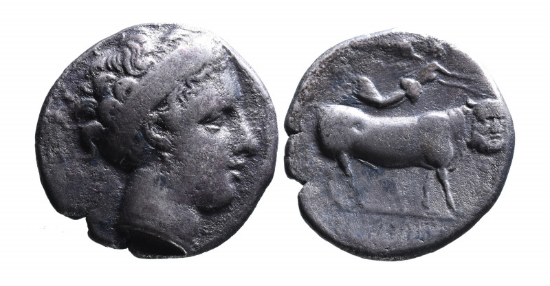 Campania, Neapolis, ca. 350-325 BC.
Head of nymph wearing broad headband and ear...