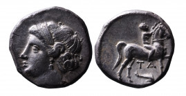 Calabria, Tarentum, Campano-Tarentine coinage, ca. 281-272 BC.
Diademed head of nymph Satyra left 
Youth on the horse walking right, crowning horse's ...