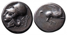 Akarnania, Leukas, ca. 400-330 BC.
Pegasus flying right, below _;
Head of Athena in corinthian helmet left, behind head _ and caduceus
BMC 56. Toned, ...