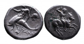 Calabria, Tarentum, Magistrate Aristokles, ca. 272-235 BC.
Nude warrior with spear, shield and two javelins riding horseback right, behind _I, below h...