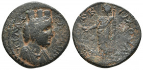 Lydia, Philadelphia, pseudo-autonomous issue ca 193-211 AD, AE
Turreted and draped bust of Philadelphia right.
Naked Dionysos standing frontally, head...