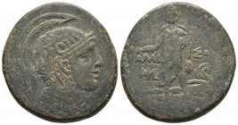 Pontus, Amisos, struck under Mithradates VI, ca. 105-65 BC, AE
Helmeted head of Athena right
Perseus standing frontally, holding harpa nad Medusa's he...