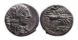 M. Fannius C.f., Rome Mint, 123 BC.
Helmeted head of Roma right, behind ROMA, below chin X;
Victoria holding wreath, driving galloping quadriga right,...