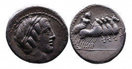 Anonymous, Rome Mint, 86 BC.
Head of Apollo in oak wreath right, beneath thunder;
Jupiter holding thunderbolt, driving galloping quadriga right, no le...