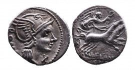 L. Flaminius Chilo, Rome Mint, 109-108 BC.
Helmeted head of Roma right, behind ROMA, below chin X;
Victoria holding wreath, driving galloping biga rig...