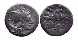 M Iunius Silanus, Rome Mint, 145 BC.
Helmeted head of Roma right, behind ass's head, X below chin;
The Dioscuri with spears riding on horseback to rig...