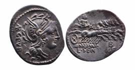 L. Sentius C.f., Rome Mint, 101 BC.
Helmeted head of Roma right, behind ARG_PVB
Jupiter holding thunderbolt and sceptre, driving galloping quadriga to...