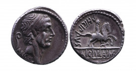 L. Marcius Philippus, Rome Mint, 56 BC.
Diademed head of Ancus Marcius right; behind lituus and ANCVS;
Equestrian statue standing right on top of the ...