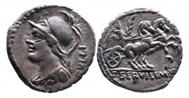 P. Servilius M.f. Rullus, Rome Mint, 100 BC.
Helmeted bust of Minerva with aegis to left, behind RVLLI;
Victoria holding palm driving biga right, bene...