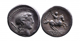 P. Crepusius, Rome Mint, 82 BC.
Laureate head of Apollo right, behind sceptre, uncertain control letters in both fields;
Horseman brandishing spear ri...