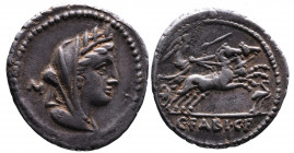 C. Fabius C.f. Hadrianus, Rome Mint, 102 BC.
Veiled and turreted bust of Kybele right, behind control mark M;
Victoria holding goad driving galloping ...