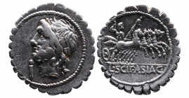 L. Cornelius Scipius Asiagenus, Rome Mint, 106 BC.
Laureate head of Jupiter left, control mark below chin;
Jupiter holding thunderbolt and sceptre, dr...