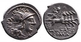 L. Antestius Gragulus, Rome Mint, 106 BC.
Helmeted head of Roma right, behind GRAG, below chin _;
Jupiter holding thunderbolt and sceptre, driving gal...