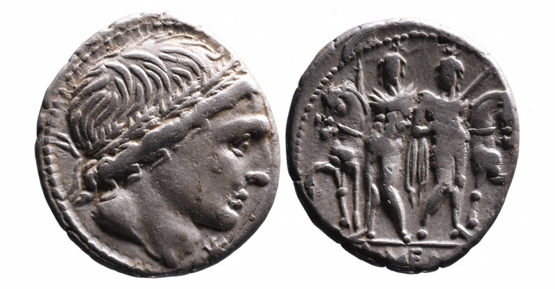 L. Memmius, Rome Mint, 109-108 BC.
Head of a male wearing oak wreath right, belo...