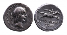 L. Calpurnius Piso Frugi, Rome Mint, 67 BC.
Laureate head of Apollo right, behind control symbol arrowhead;
Horseman holding long palm galloping right...