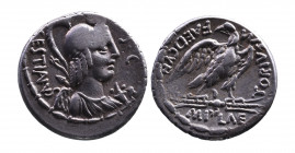 M. Plaetorius M.f. Cestianus, Rome Mint, 67 BC.
Winged, draped and helmeted bust of Vacuna right, bow and quiver on the shoulder, cornucopia below chi...